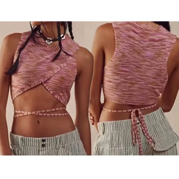 NEW Free People Boho Tie-Front Ribbed Crop Top in Pink, Multi Colour- Size XS - Picture 1 of 15